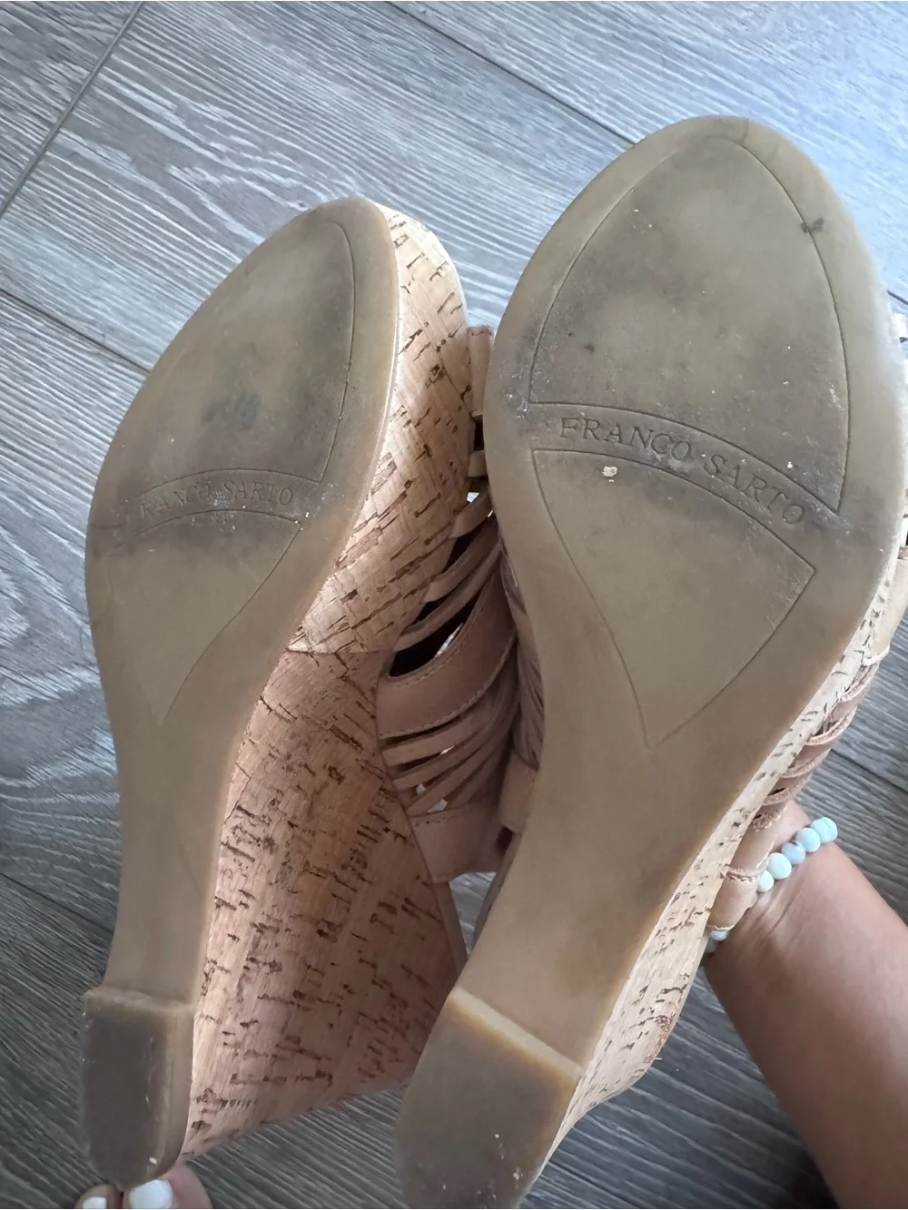 Franco Sarto Sharp tan leather cork wedge slingback sandals